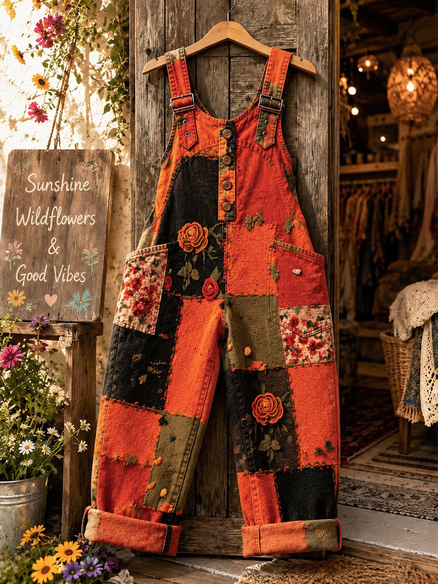 Women's Retro Autumn Style Art Print Washed Cotton Denim Patchwork Jumpsuit
